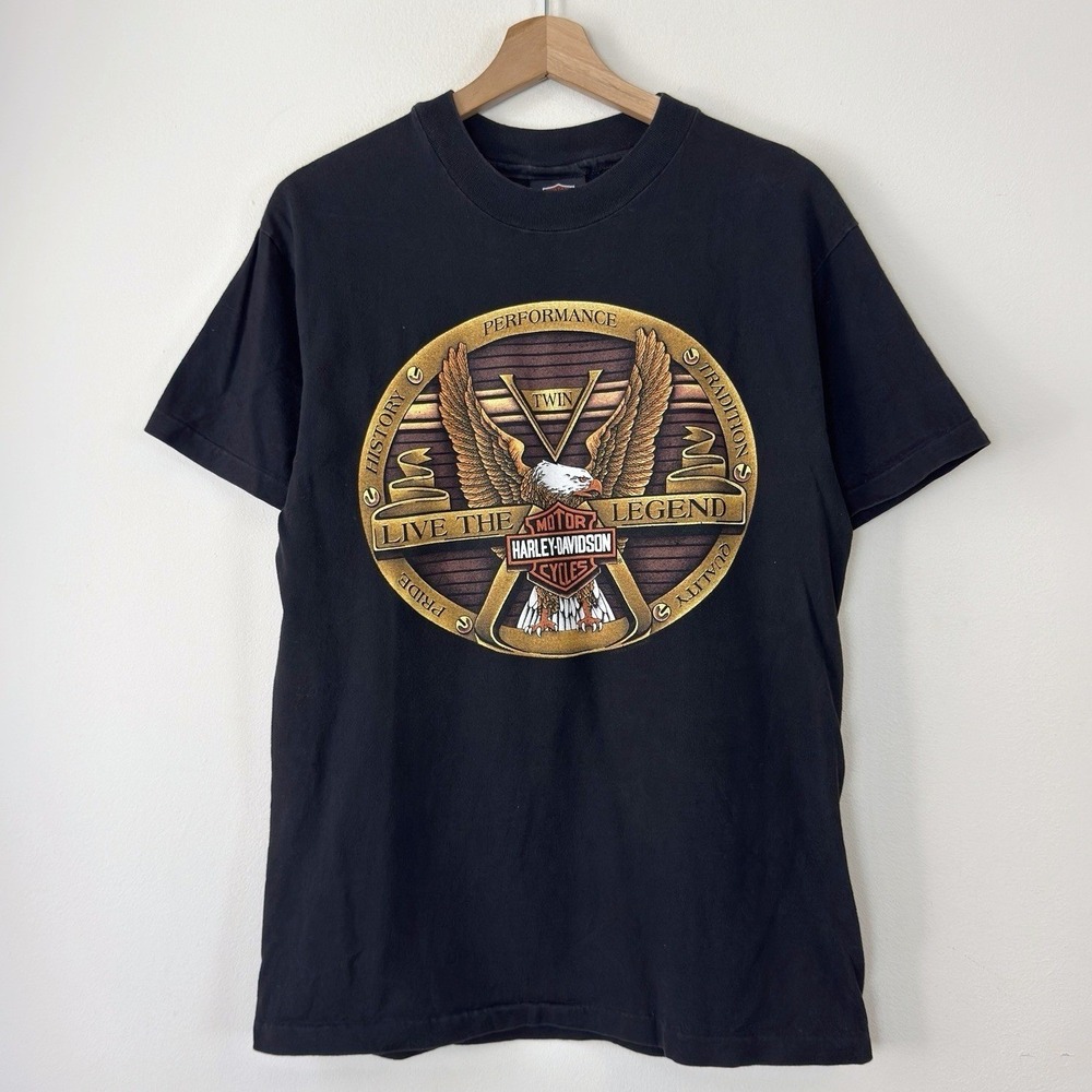 Vintage 90's Harley Davidson Biker Eagle Mansfield Ohio Black Tee Shirt Medium